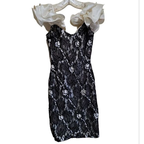 Midnight Glo Black Brown Cream Lace Aline Bodycon Dress W Ruffle Sleeve Sz 6 - Picture 4 of 8